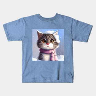 Lovely Cute Cat and Fluffy Cat Closeup in Winter Scenery Kids T-Shirt